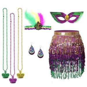 7 Pcs Mardi Gras Costume Accessory Set For Women: Sequins Wrap Skirt,🙀